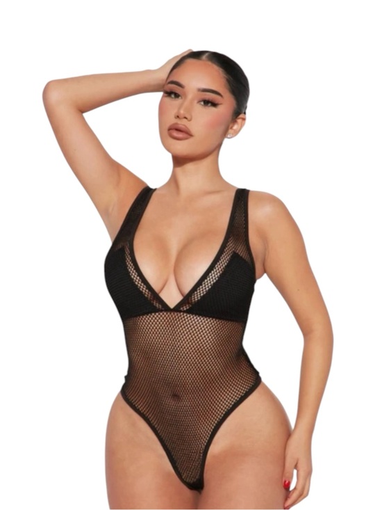 Fashion Nova Tops - Fashion Nova Don’t Get Caught Up Black Fishnet Bodysuit